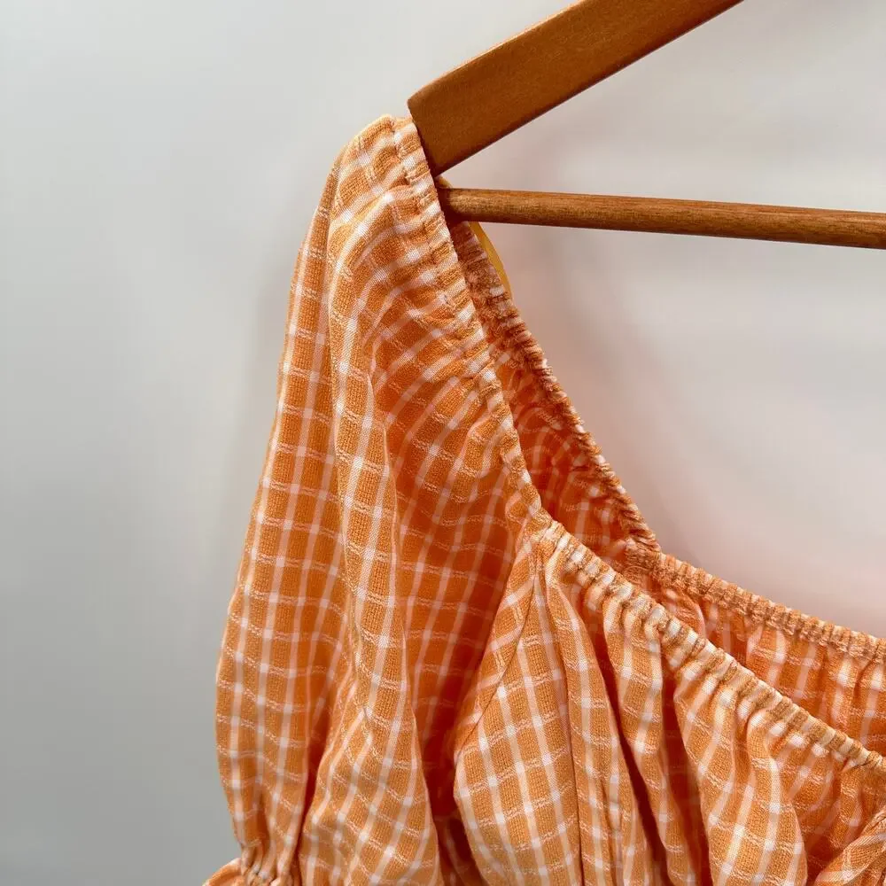 ASTR THE LABEL NWT Orange Plaid  Check Puff Sleeve Smocked Blouse // M